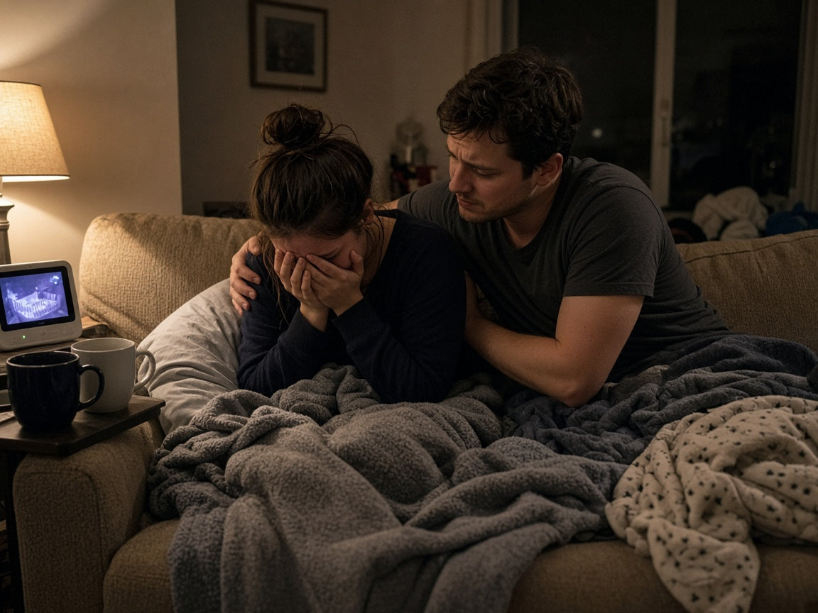 New parents on couch, mother crying, father comforting her