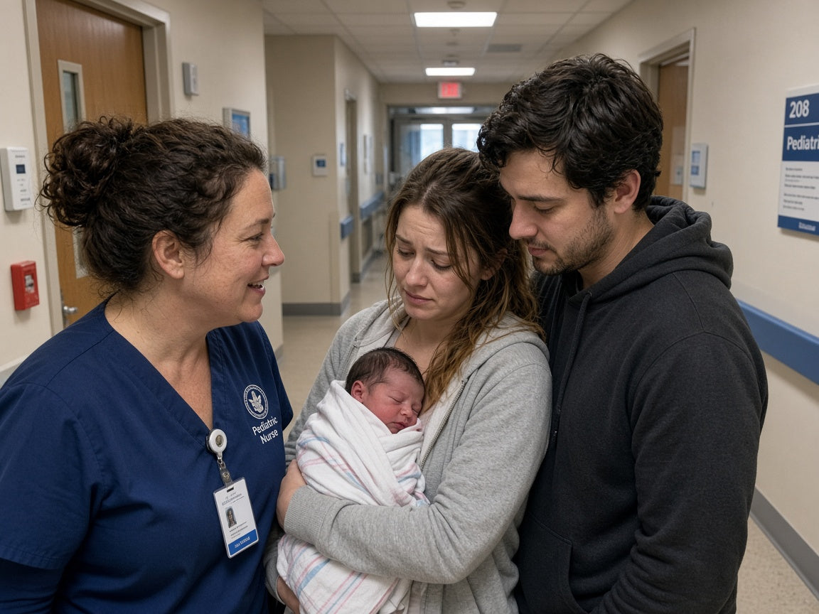 Pediatric nurse talking to worried new parents
