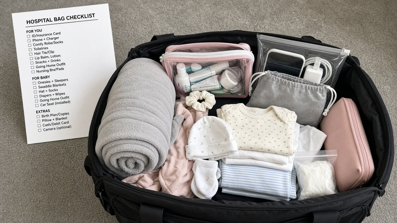 Hospital bag packed with checklist — preparation at home